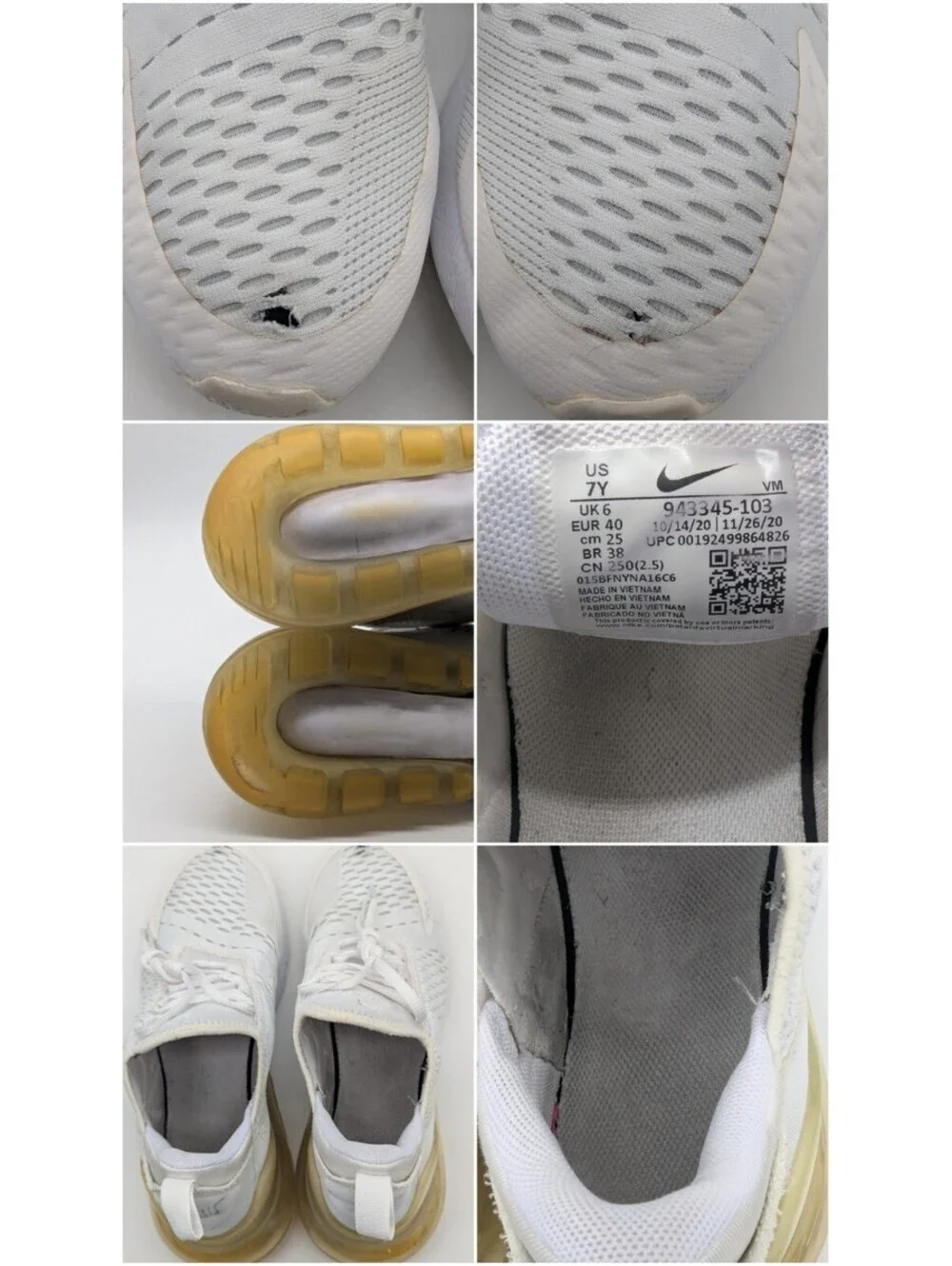 Nike Air Max 270 White Silver Shoes Kids Size 7Y / Womens 8.5 943345-103 *Flaw